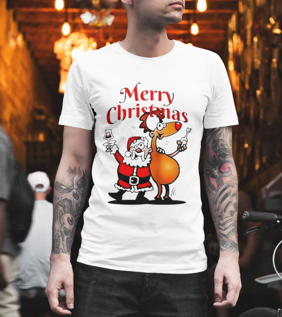 Merry Christmas Santa Claus And Reindeer Toast With Drinks T-Shirt