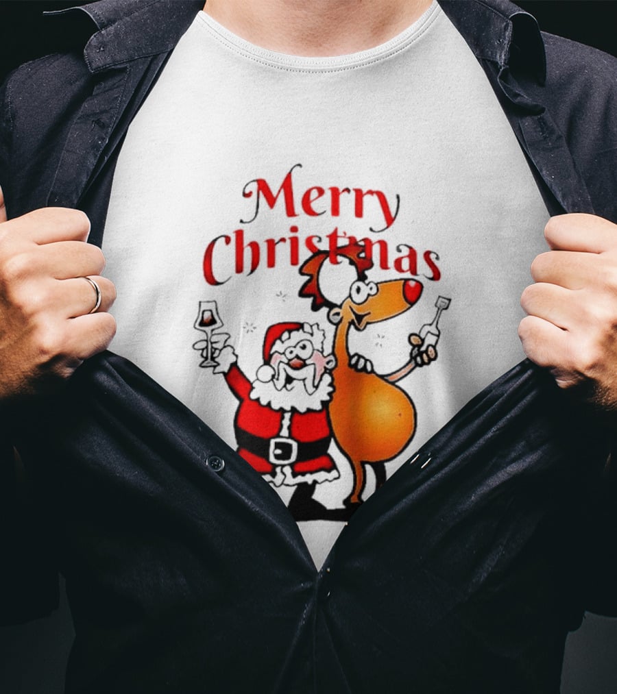 Merry Christmas Santa Claus And Reindeer Toast With Drinks T-Shirt