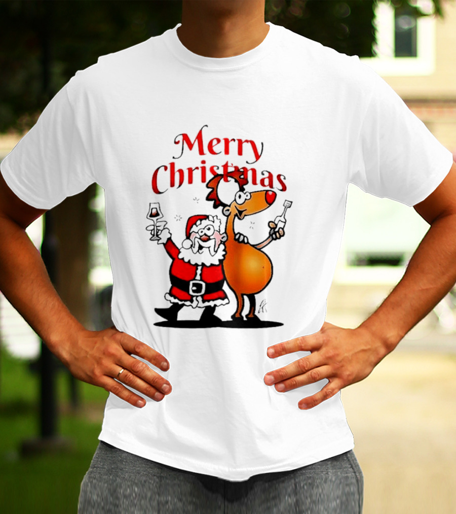 Merry Christmas Santa Claus And Reindeer Toast With Drinks T-Shirt