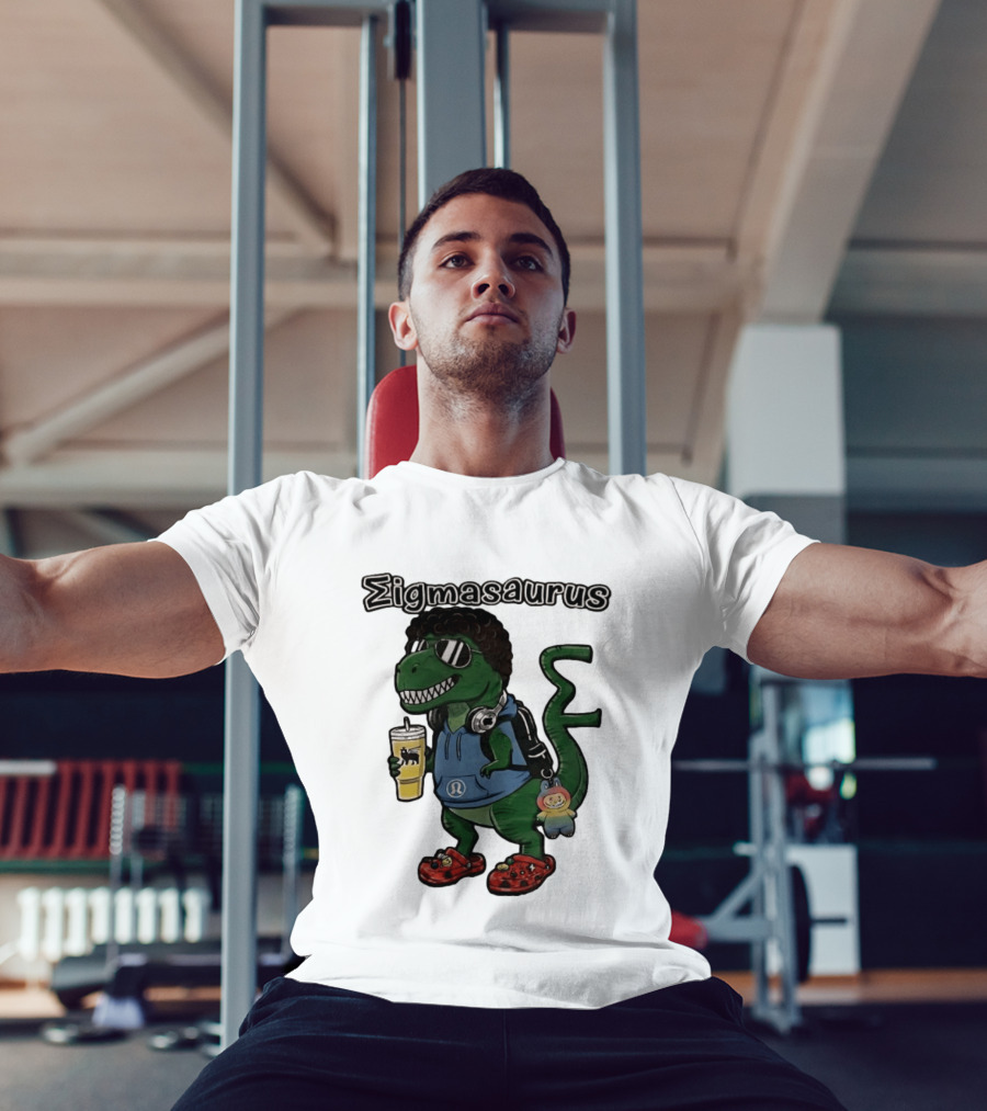 Sigmasaurus Rex Dinosaur Meme With Afro Sunglasses Headphones And Drink T-Shirt