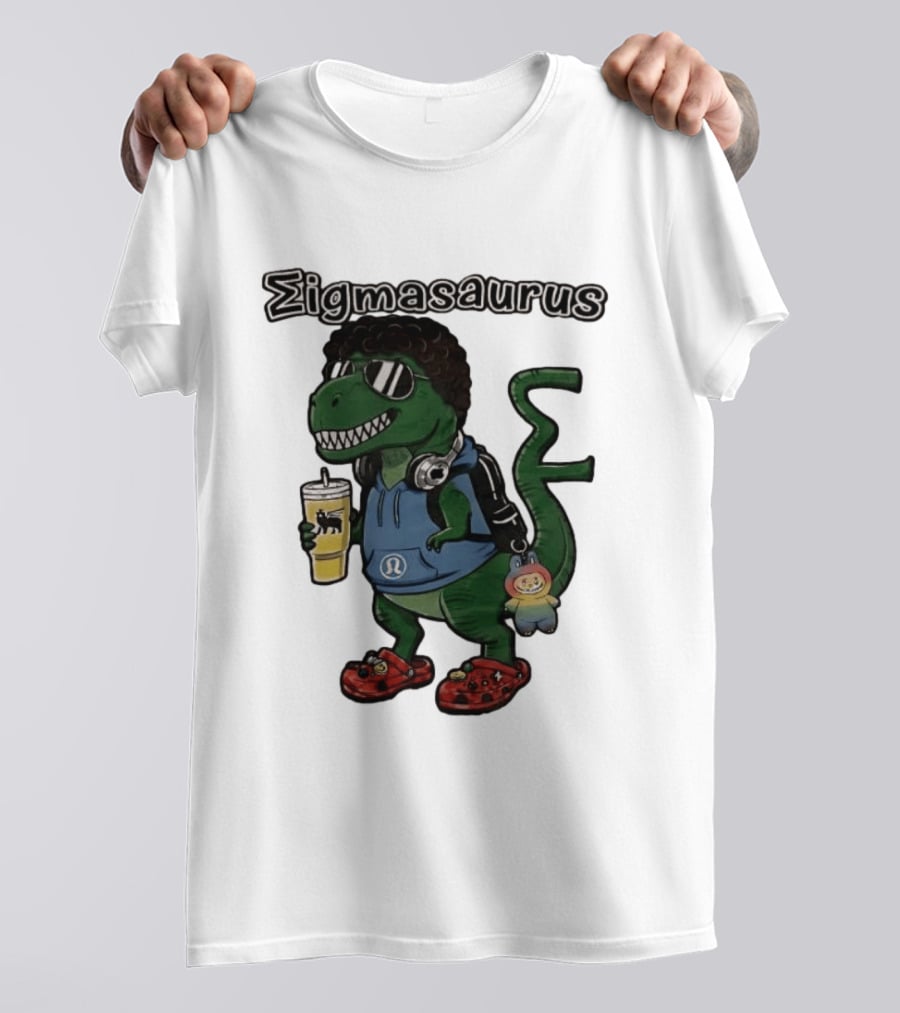 Sigmasaurus Rex Dinosaur Meme With Afro Sunglasses Headphones And Drink T-Shirt