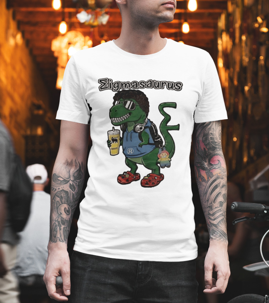 Sigmasaurus Rex Dinosaur Meme With Afro Sunglasses Headphones And Drink T-Shirt