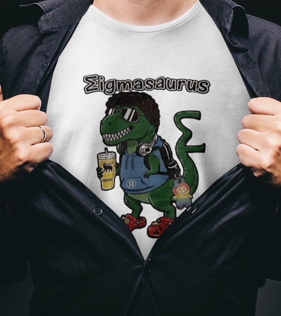 Sigmasaurus Rex Dinosaur Meme With Afro Sunglasses Headphones And Drink T-Shirt