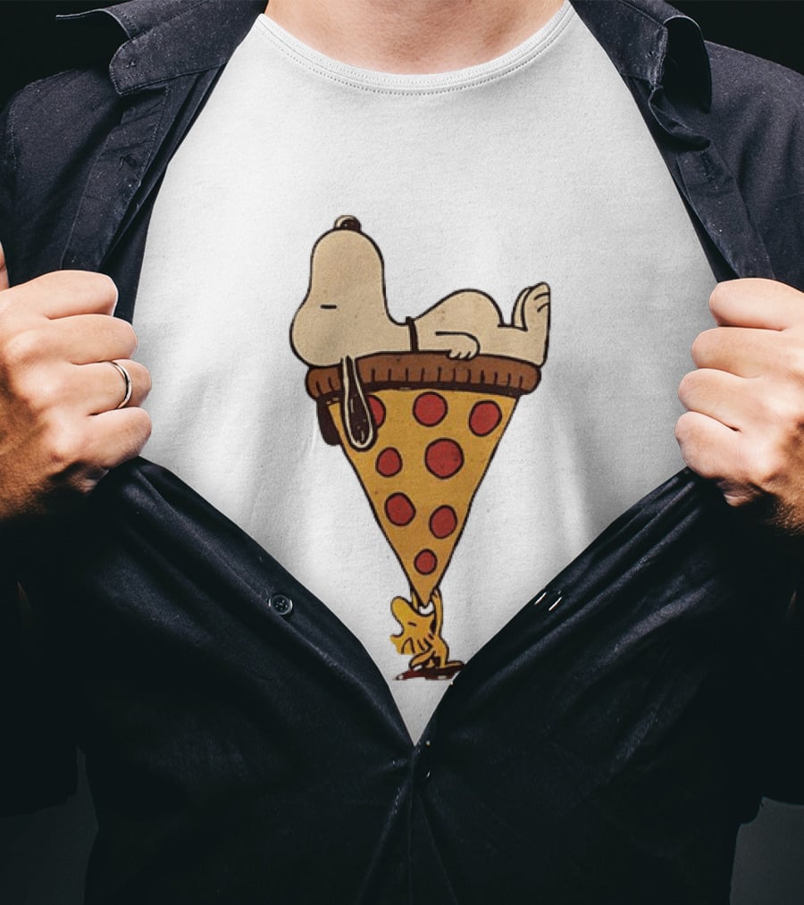 Snoopy Relaxing On Giant Pizza Slice With Woodstock Peanuts Collection T-Shirt