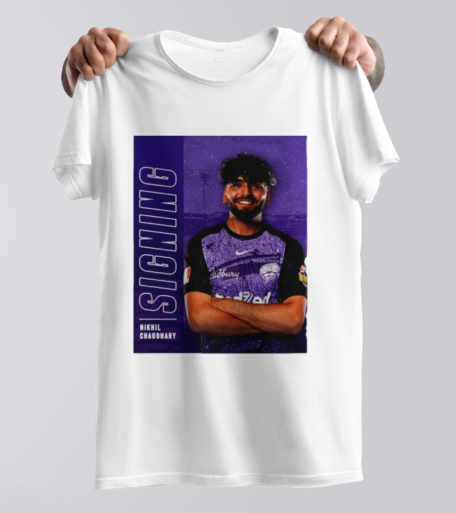 Nikhil Chaudhary Signing Hobart Hurricanes Cadbury BBL T-Shirt