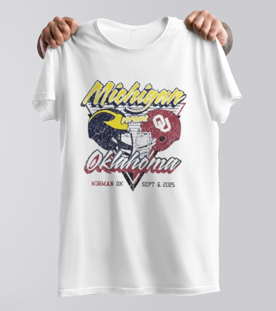 Oklahoma Sooners Vs Michigan Wolverines Football Helmet Norman OK September 6 2025 T-Shirt