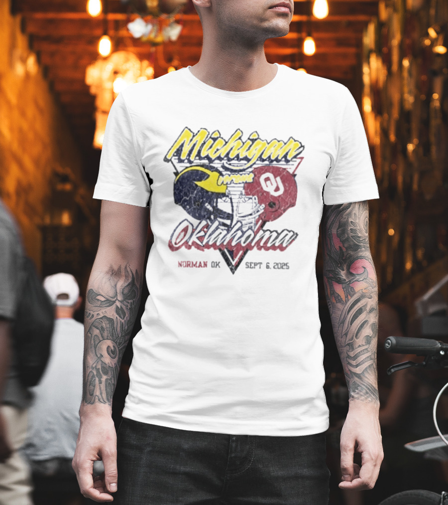 Oklahoma Sooners Vs Michigan Wolverines Football Helmet Norman OK September 6 2025 T-Shirt
