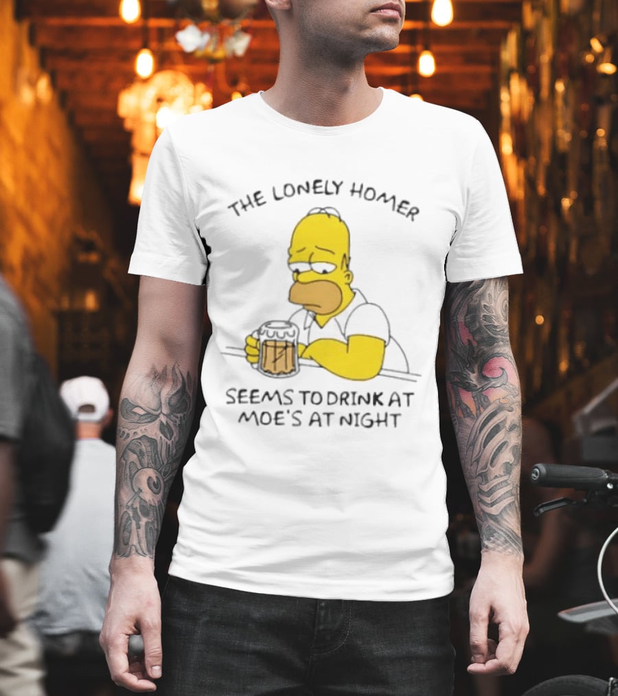 The Lonely Homer Drinking At Moe's Tavern Mood Nighttime Scene T-Shirt