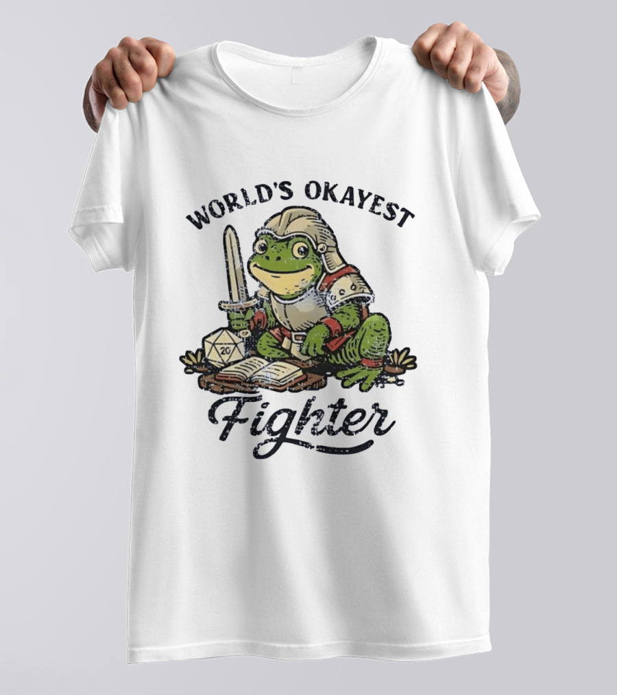World's Okayest Fighter Frog In Armor With D20 Dice And Sword T-Shirt