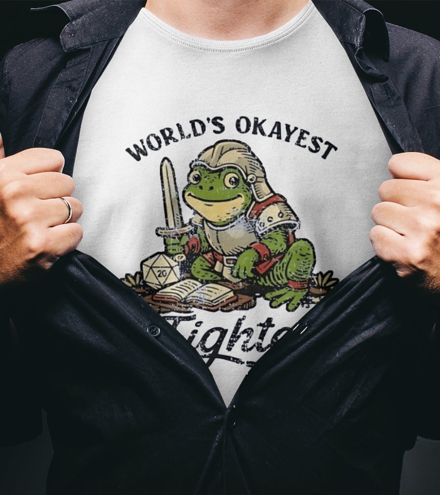 World's Okayest Fighter Frog In Armor With D20 Dice And Sword T-Shirt