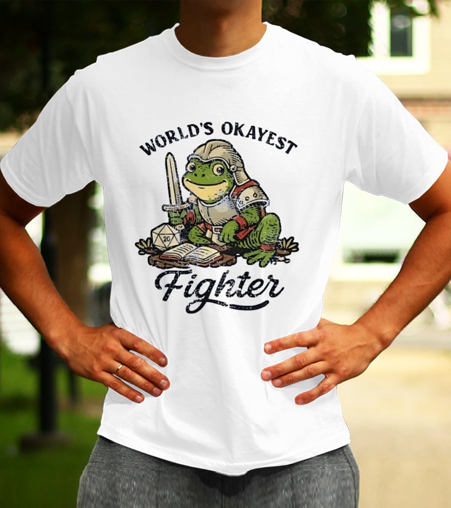 World's Okayest Fighter Frog In Armor With D20 Dice And Sword T-Shirt