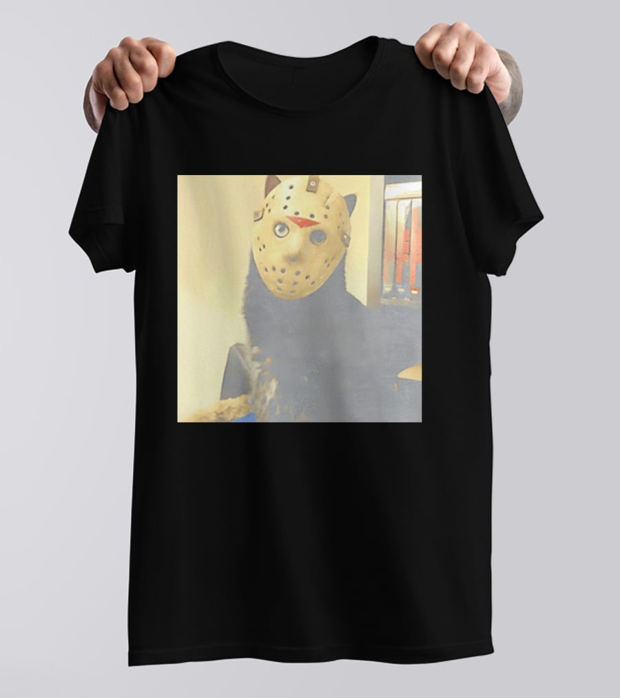 Black Cat In Horror Movie Jason Voorhees Mask T-Shirt
