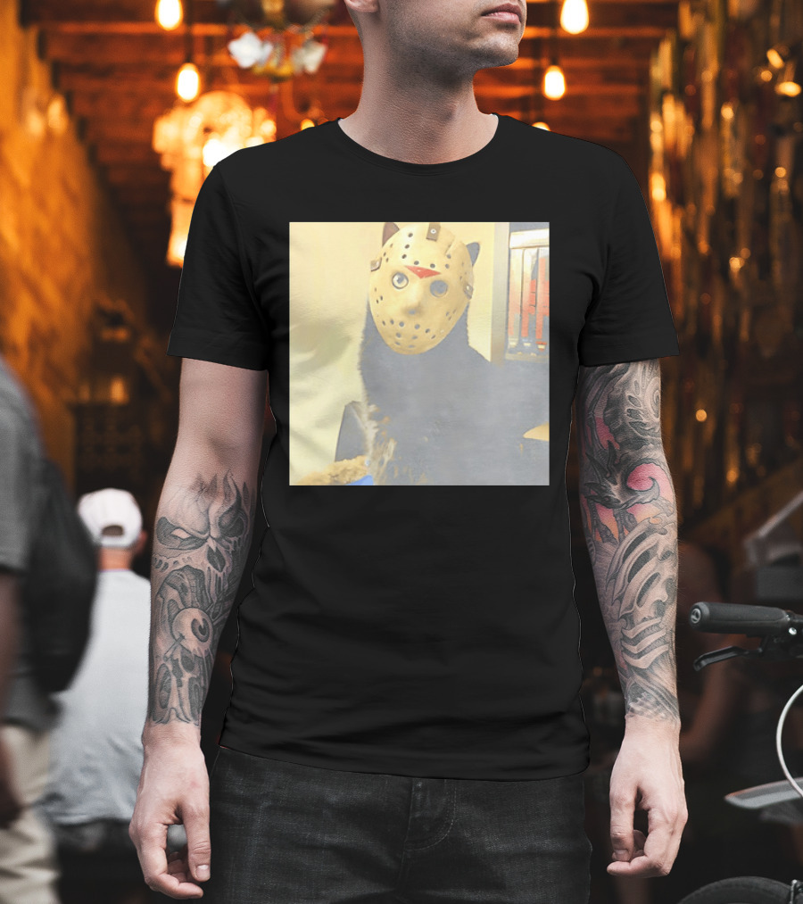 Black Cat In Horror Movie Jason Voorhees Mask T-Shirt