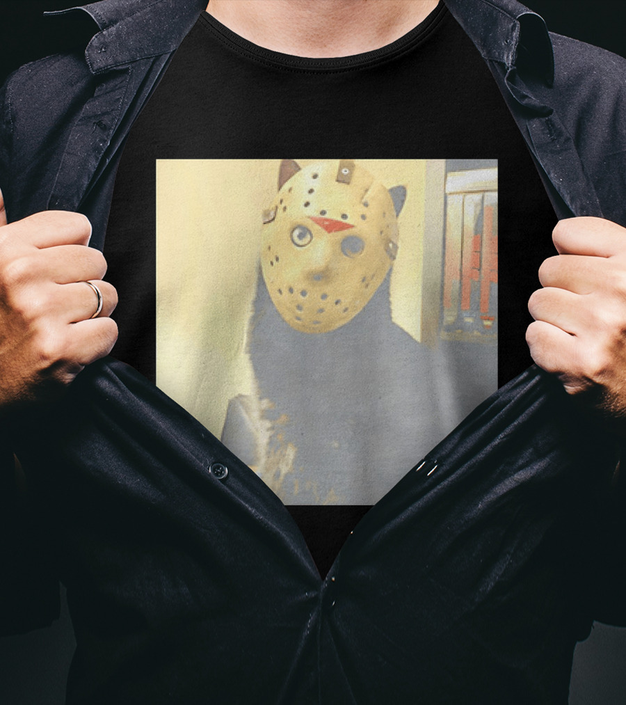 Black Cat In Horror Movie Jason Voorhees Mask T-Shirt