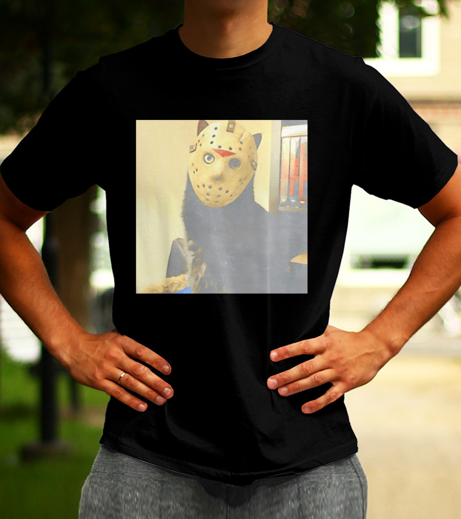 Black Cat In Horror Movie Jason Voorhees Mask T-Shirt