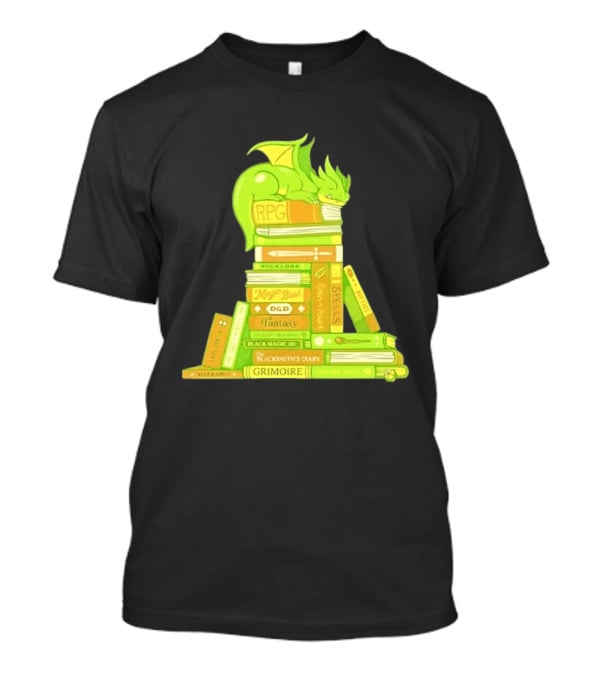 Sleeping Dragon On RPG Fantasy Magic Book Stack Grimoire Wizardry Tales T-Shirt