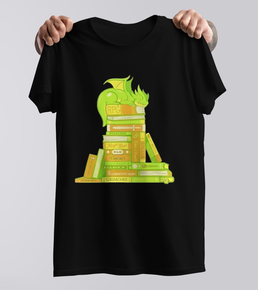 Sleeping Dragon On RPG Fantasy Magic Book Stack Grimoire Wizardry Tales T-Shirt