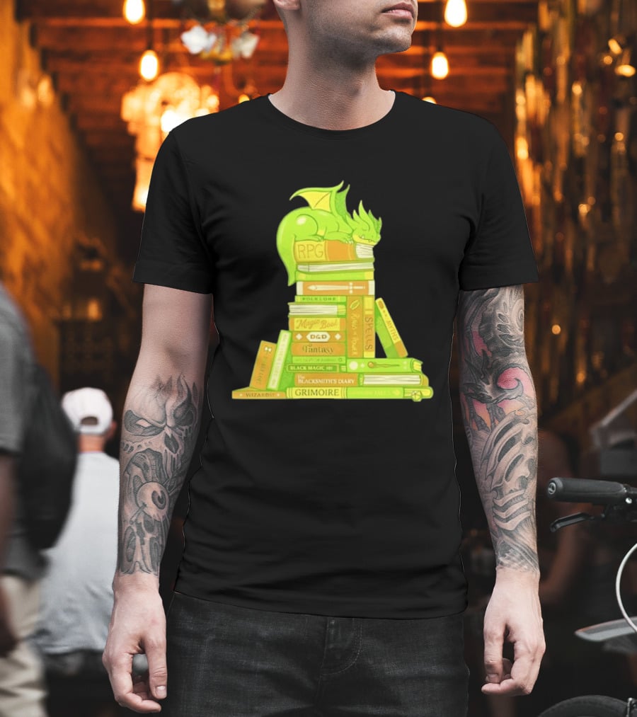 Sleeping Dragon On RPG Fantasy Magic Book Stack Grimoire Wizardry Tales T-Shirt