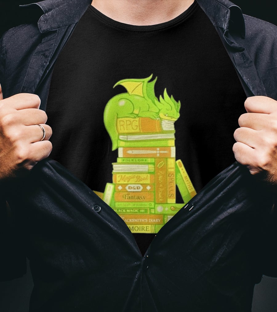 Sleeping Dragon On RPG Fantasy Magic Book Stack Grimoire Wizardry Tales T-Shirt