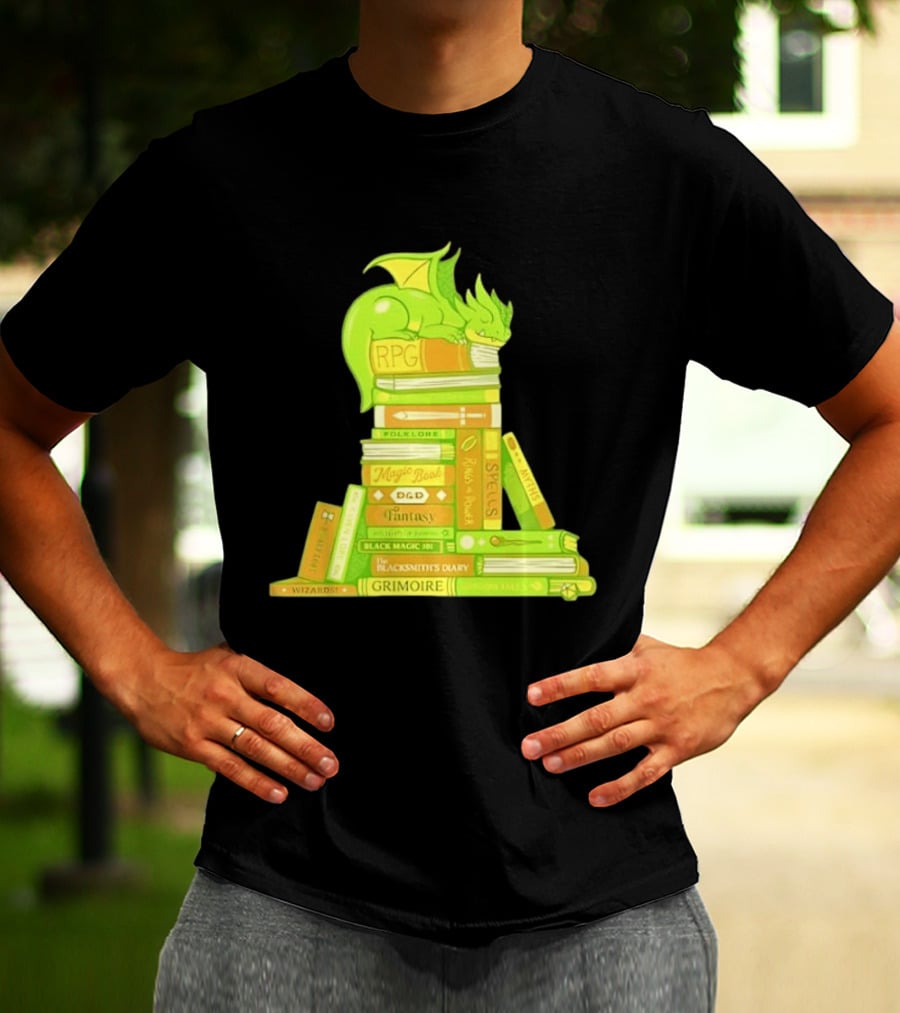 Sleeping Dragon On RPG Fantasy Magic Book Stack Grimoire Wizardry Tales T-Shirt