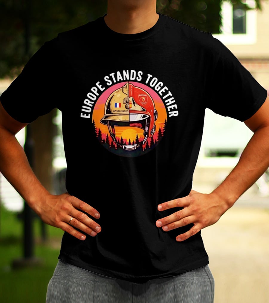 Europe Stands Together Sapeurs Pompiers Bomberos Espana Firefighter Helmet Forest Sunset T-Shirt