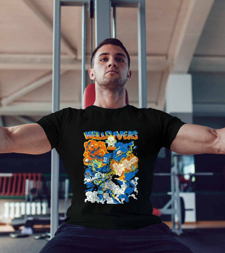 Helldivers Super Earth Soldier Combat Action Explosive Battle Scene T-Shirt