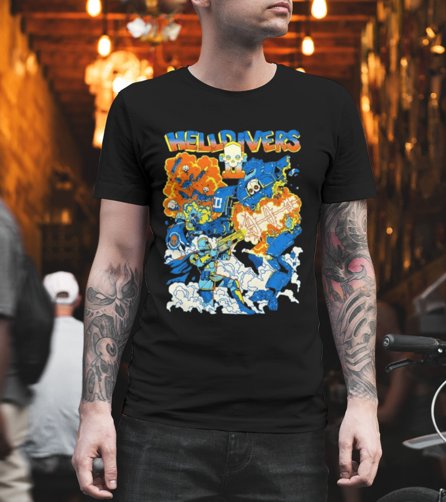 Helldivers Super Earth Soldier Combat Action Explosive Battle Scene T-Shirt