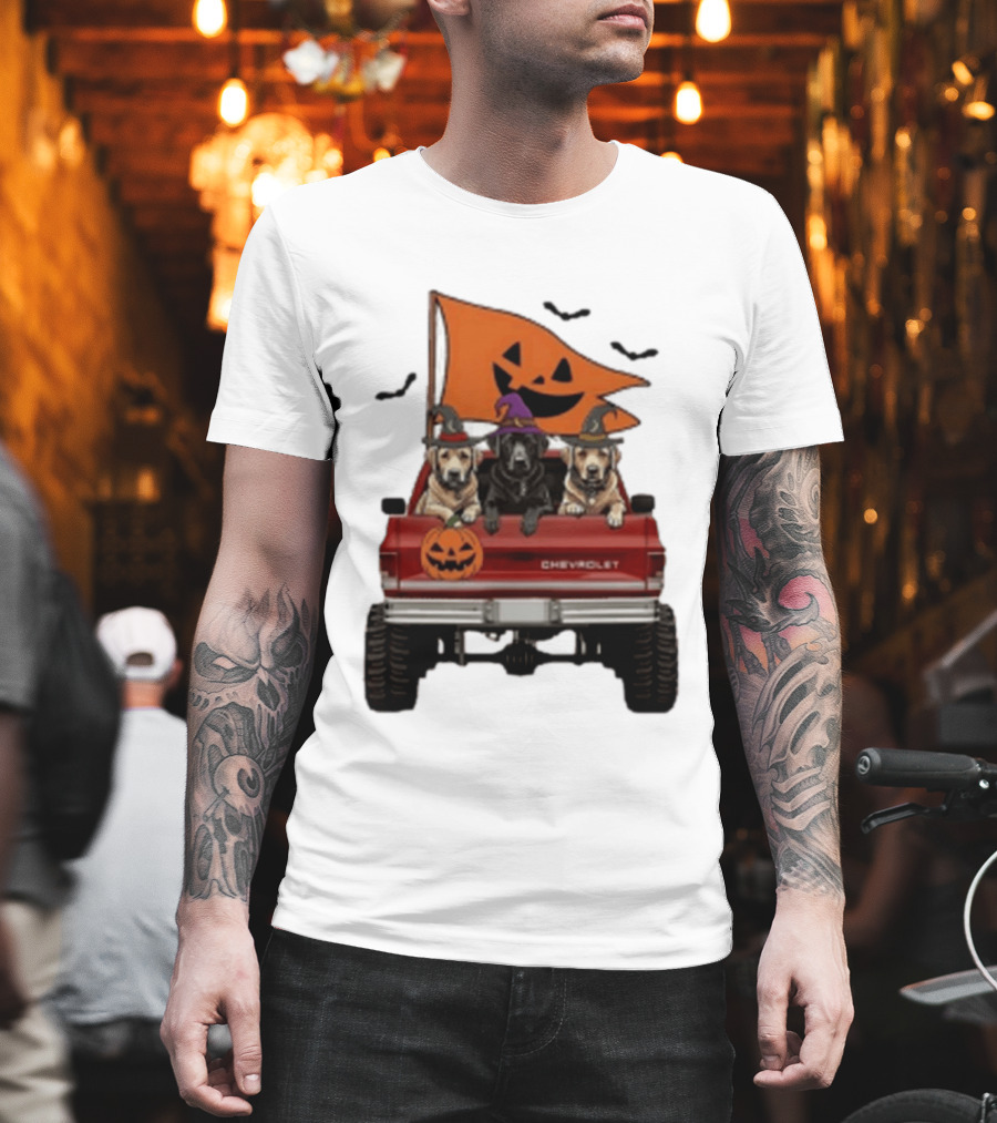 Chevrolet Halloween Dogs In Truck With Pumpkin And Bats T-Shirt