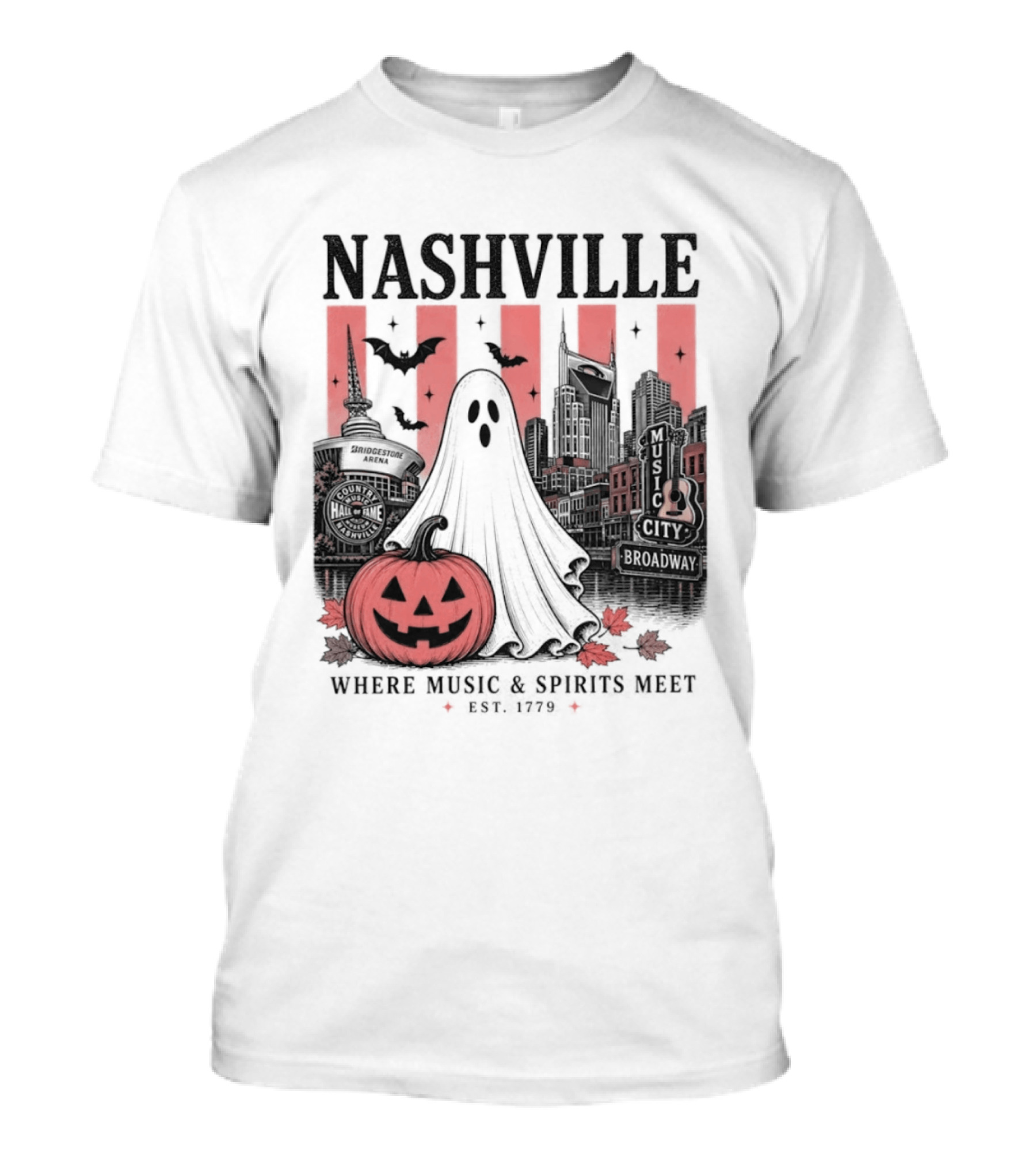 Nashville Halloween Ghost Music Spirits Skyline Pumpkin Bats T-Shirt