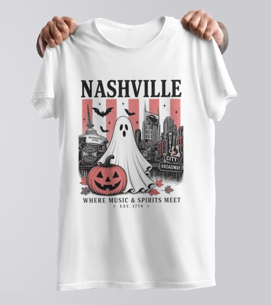 Nashville Halloween Ghost Music Spirits Skyline Pumpkin Bats T-Shirt