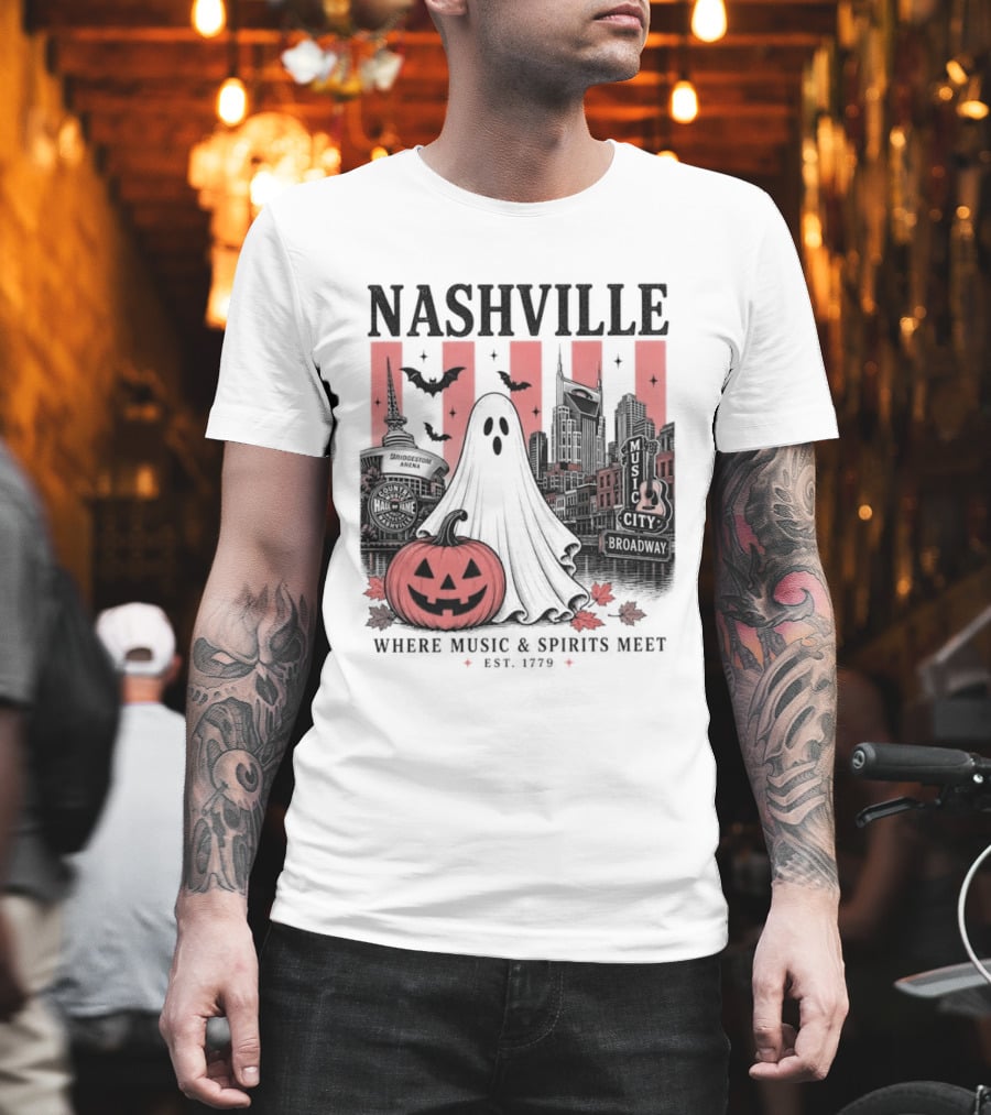Nashville Halloween Ghost Music Spirits Skyline Pumpkin Bats T-Shirt