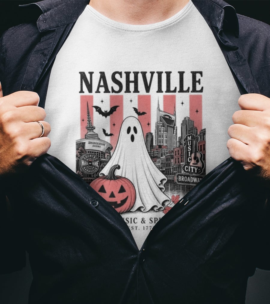 Nashville Halloween Ghost Music Spirits Skyline Pumpkin Bats T-Shirt