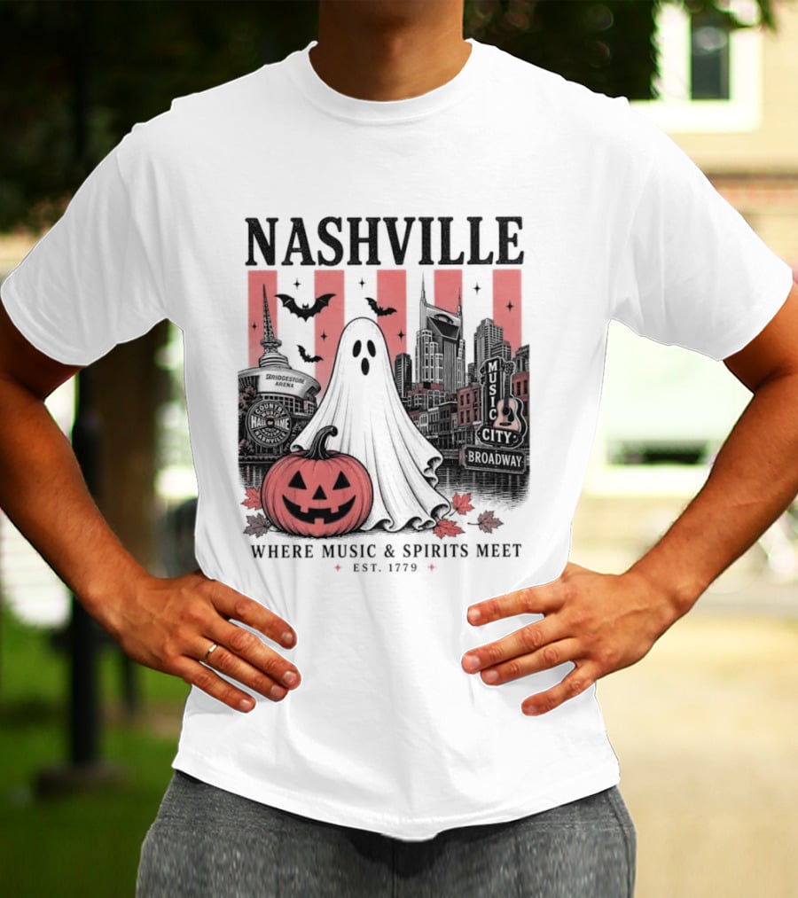 Nashville Halloween Ghost Music Spirits Skyline Pumpkin Bats T-Shirt