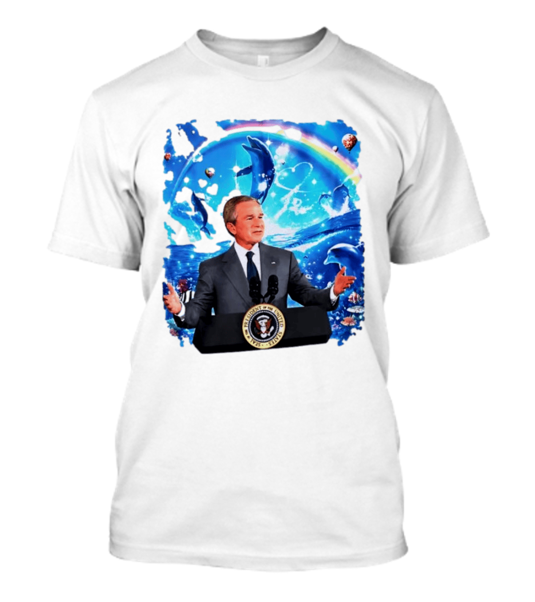 George W Bush Dolphins Coexist Peacefully With Rainbow And Ocean Scene T-Shirt