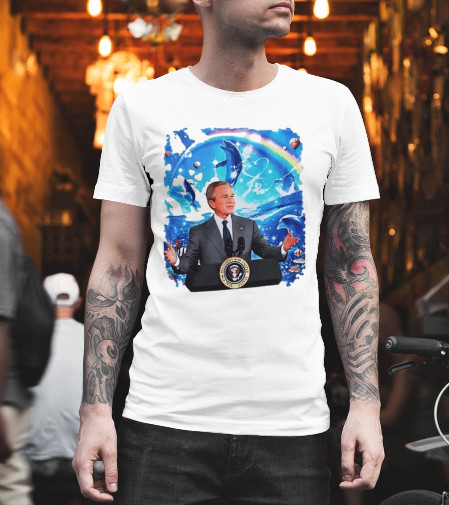 George W Bush Dolphins Coexist Peacefully With Rainbow And Ocean Scene T-Shirt