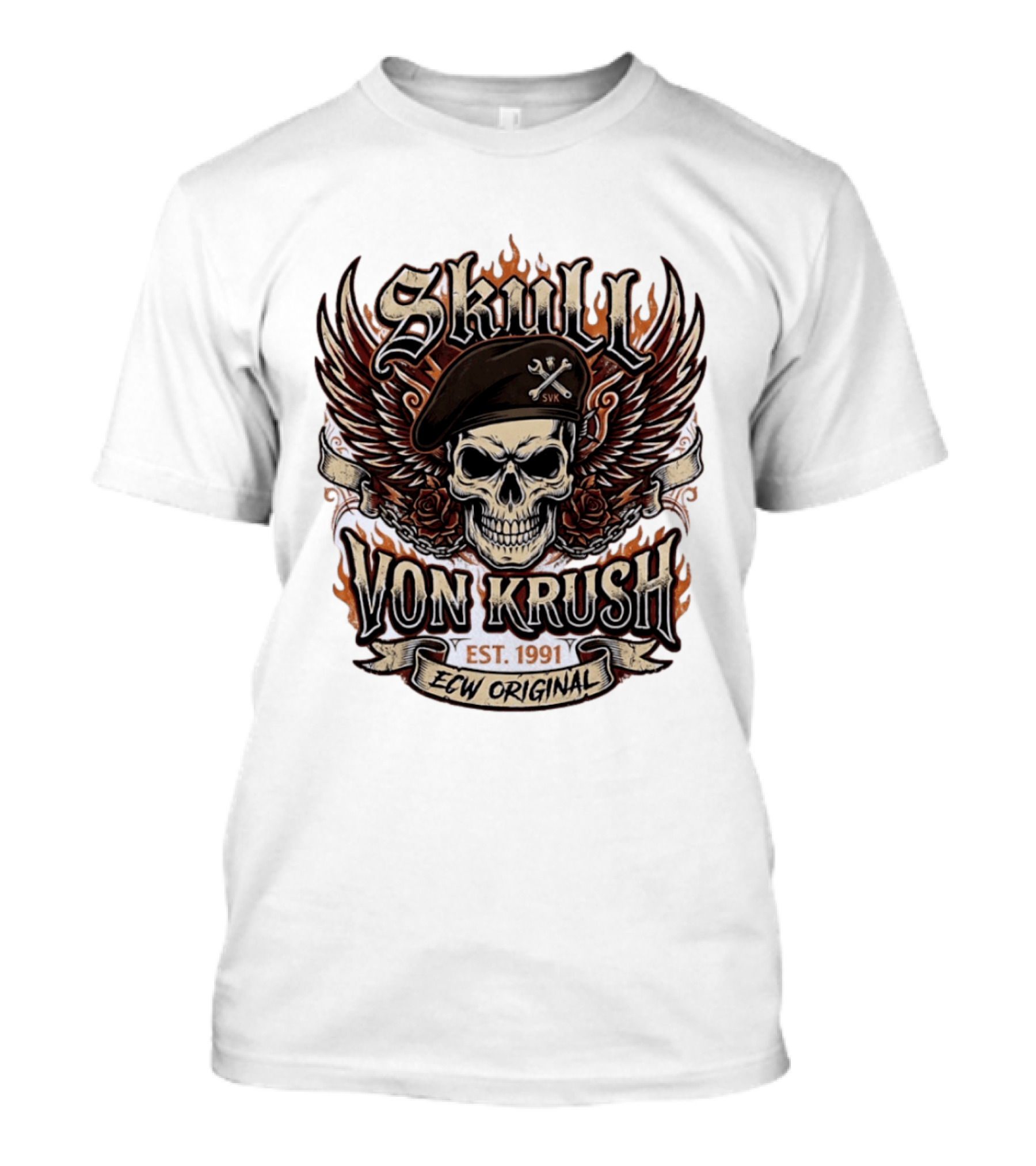 Skull Von Krush SVK Est 1991 ECW Original Flame Wings Roses T-Shirt