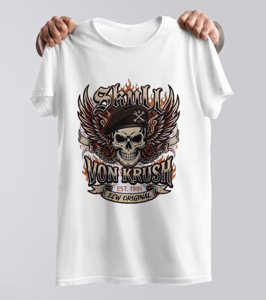 Skull Von Krush SVK Est 1991 ECW Original Flame Wings Roses T-Shirt