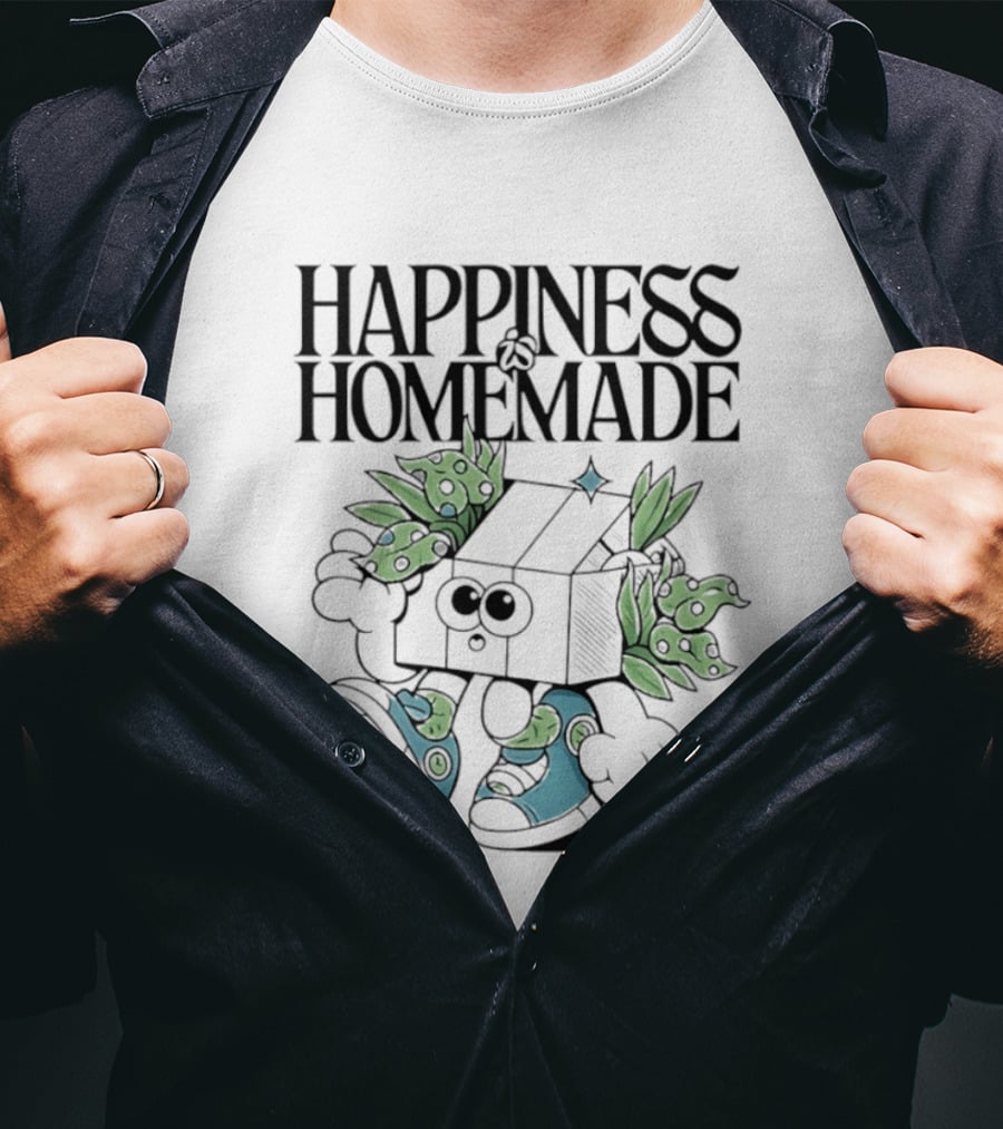 Happiness Is Homemade Cute Cartoon Box Character With Flowers T-Shirt