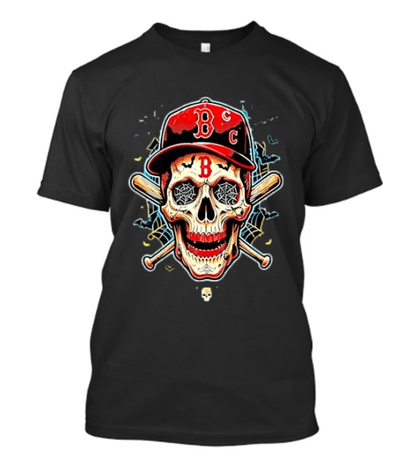 Boston Red Sox Skull Baseball Crossed Bats Red Cap T-Shirt