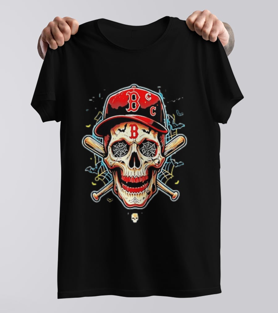 Boston Red Sox Skull Baseball Crossed Bats Red Cap T-Shirt
