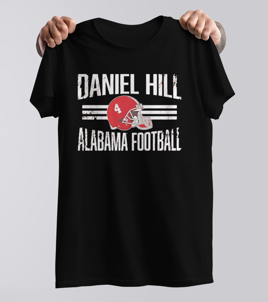 Daniel Hill Alabama Football Number 4 Red Helmet Distressed T-Shirt