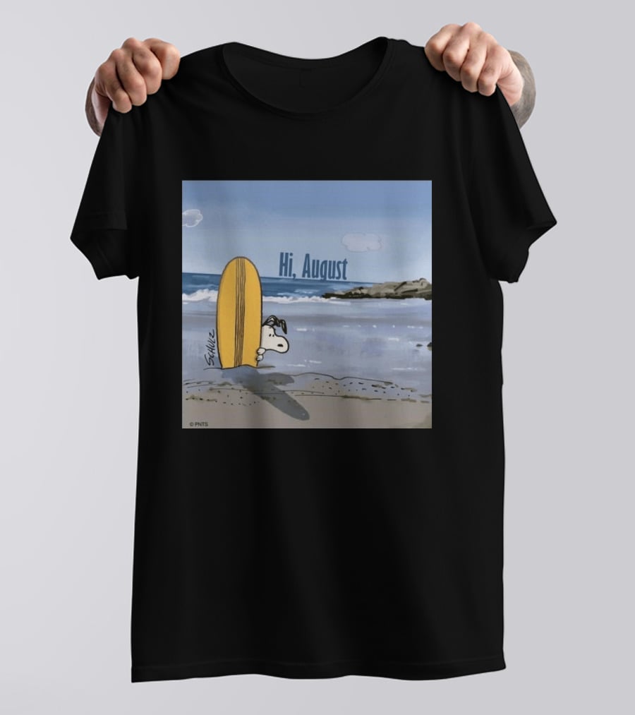 Snoopy Hi August Surfboard Beach Scene By Schulz T-Shirt