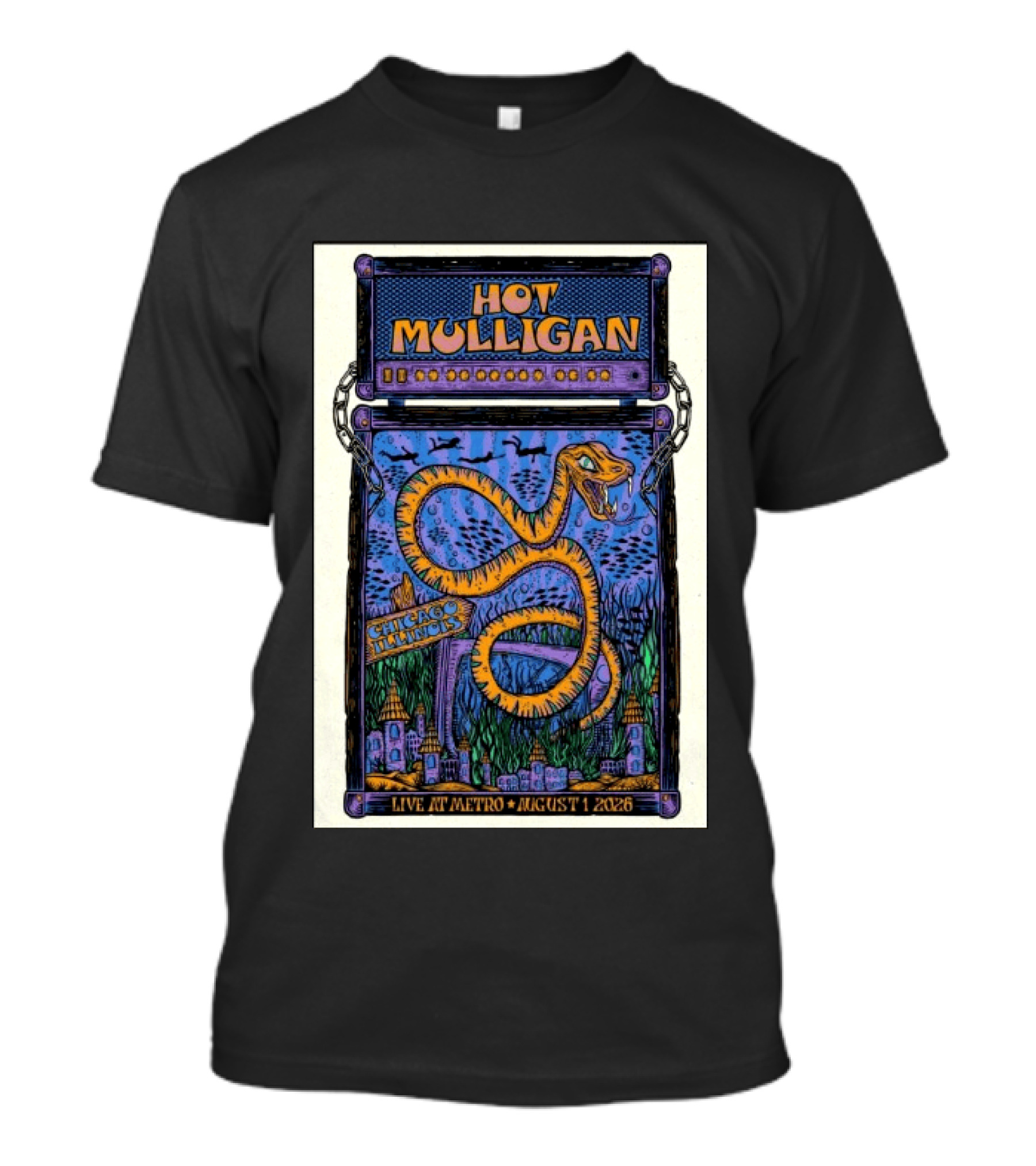 Hot Mulligan Live At Metro Chicago Illinois August 1 2026 With Snake And Cityscape T-Shirt