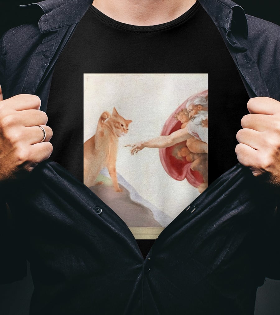 The Creation Of Adam With A Cat By Michelangelo T-Shirt
