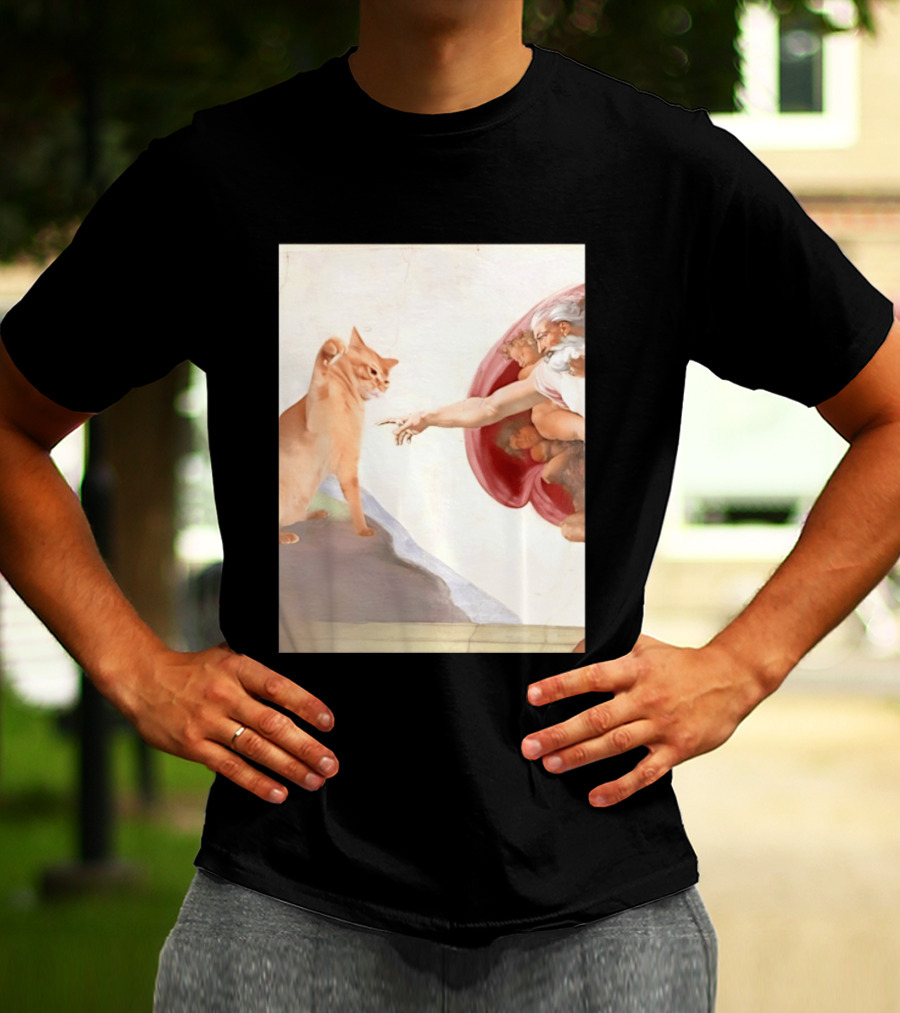 The Creation Of Adam With A Cat By Michelangelo T-Shirt