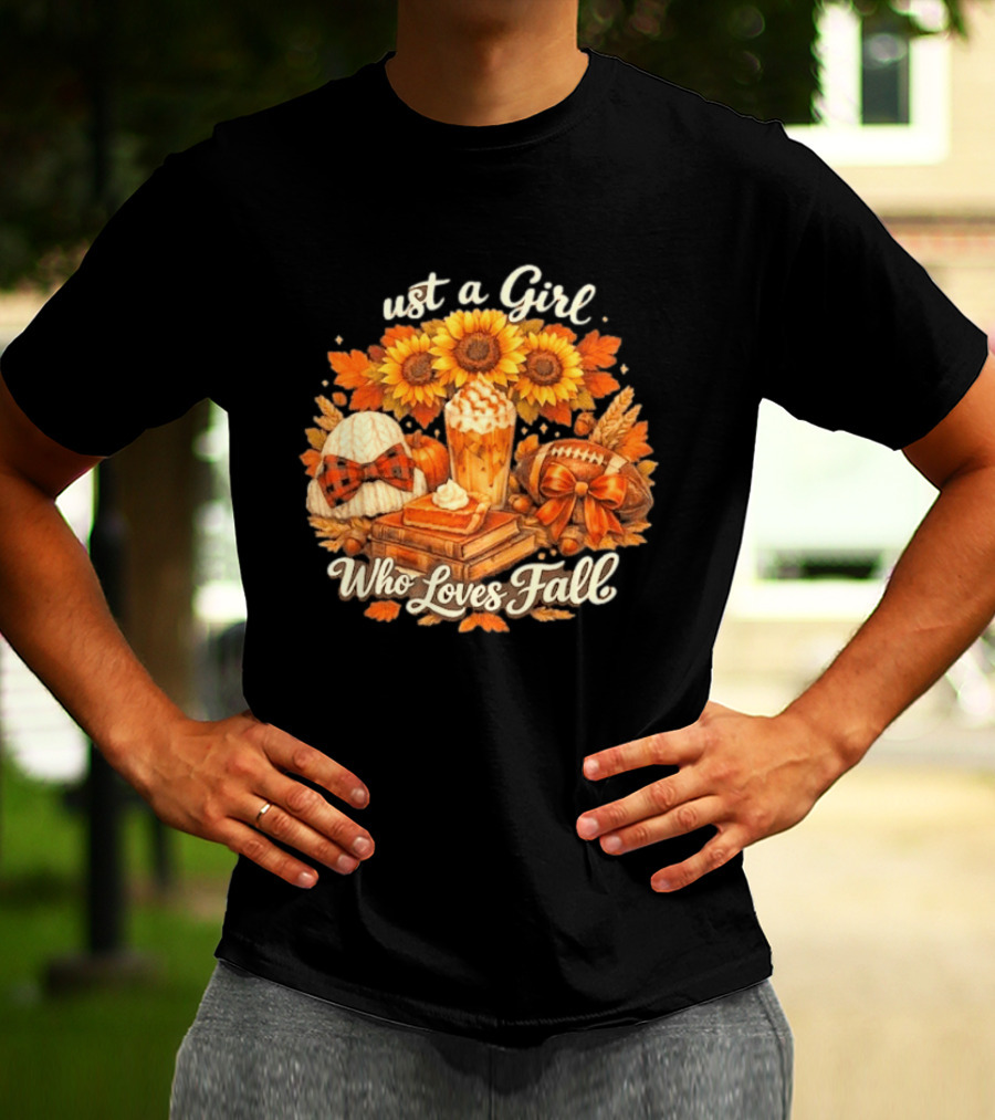 Just A Girl Who Loves Fall Sunflowers Pumpkins Leaves Cozy Autumn Aesthetic Football T-Shirt