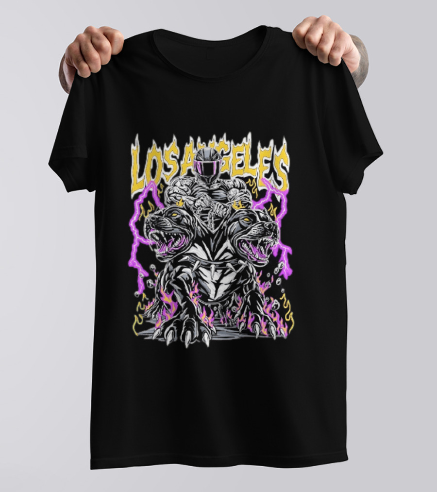 Los Angeles Rider With Two Headed Pitbull And Flames T-Shirt