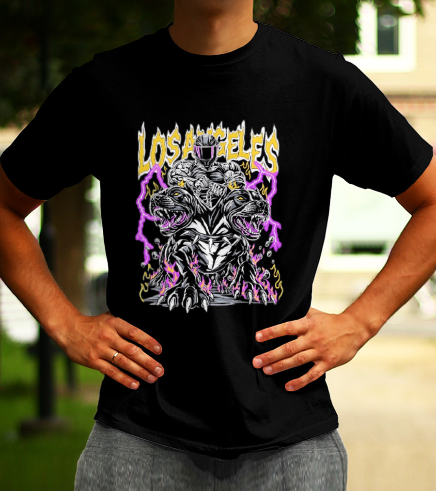 Los Angeles Rider With Two Headed Pitbull And Flames T-Shirt