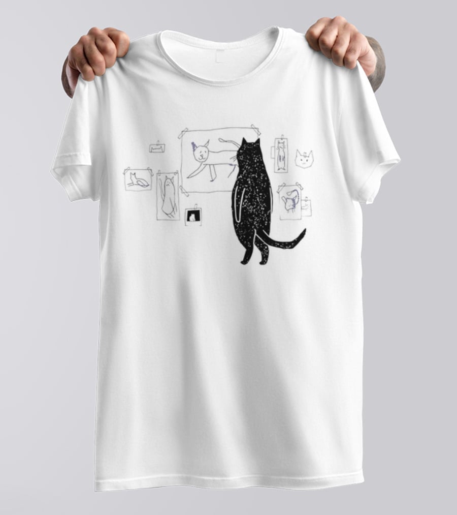 Black Cat Observing Doodle Drawings Of Cats T-Shirt
