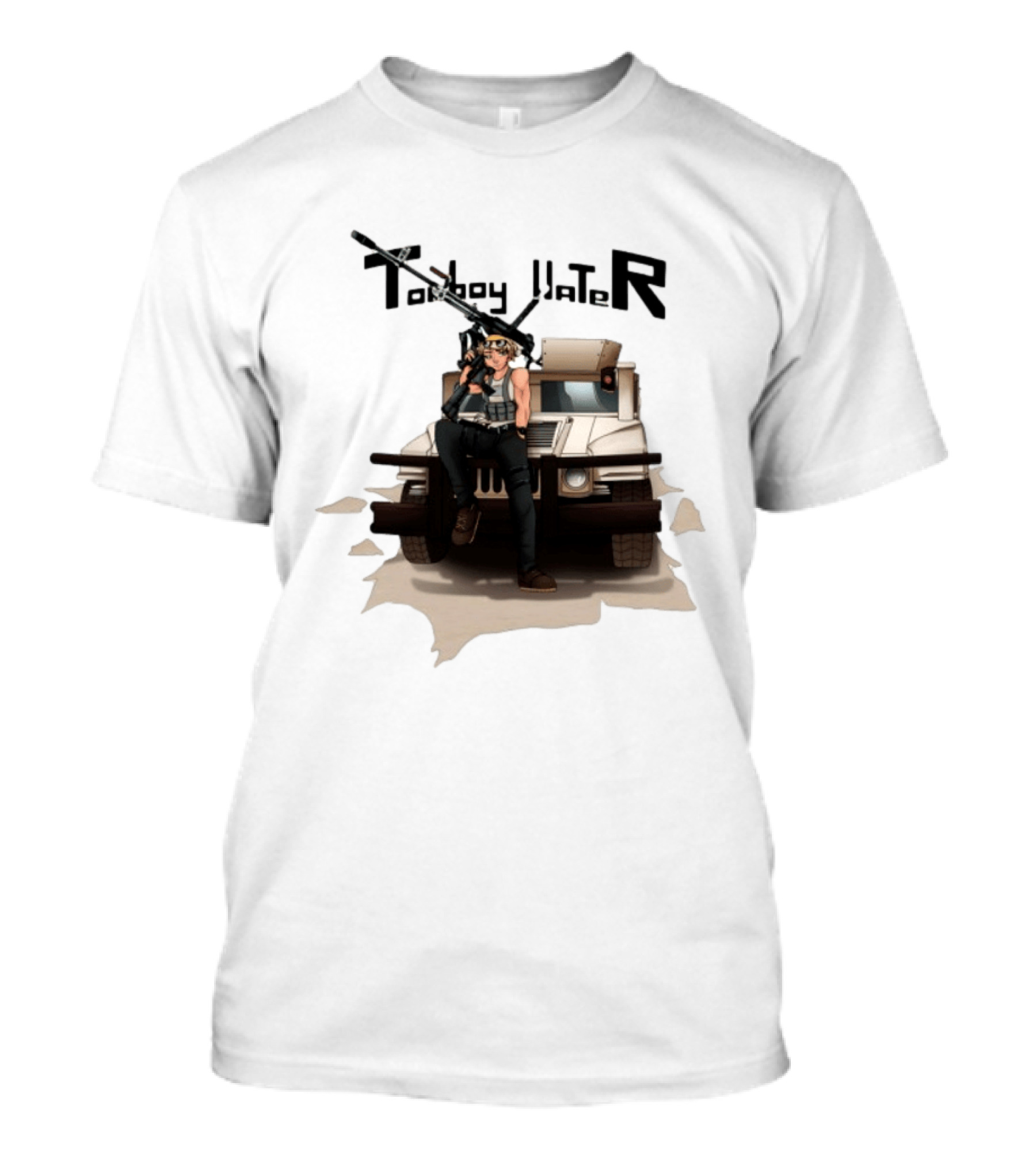 Tomboy Hater Anime Character With Gun And Armored Vehicle T-Shirt